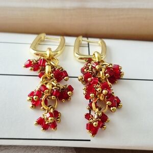 18k  Gold Plated and Red Beaded Dangle Earrings Valentine's Gift
